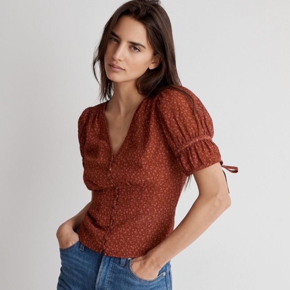 Madewell Recycled Georgette Cropped Blouse Bubble Sleeves, Eco-Friendly